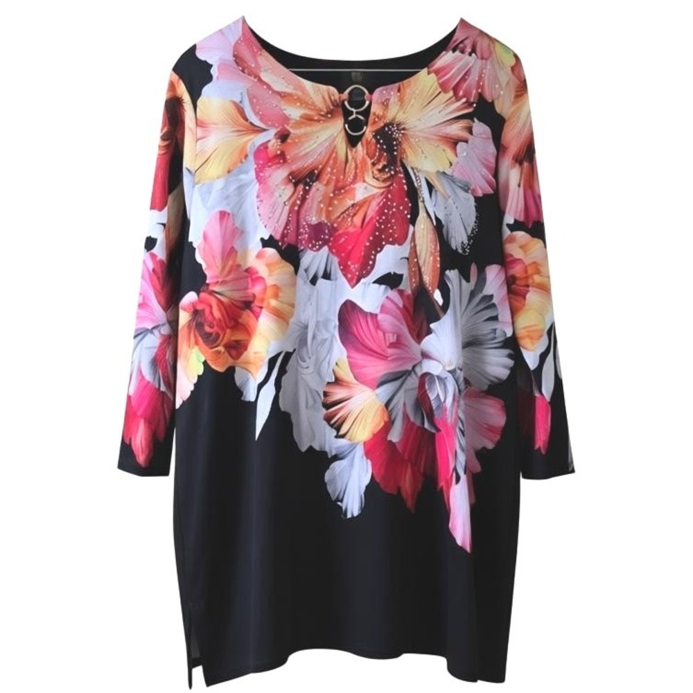 JM Collection Floral Ring-Neck Tunic‎ Top Black Multicolor Women's XXL